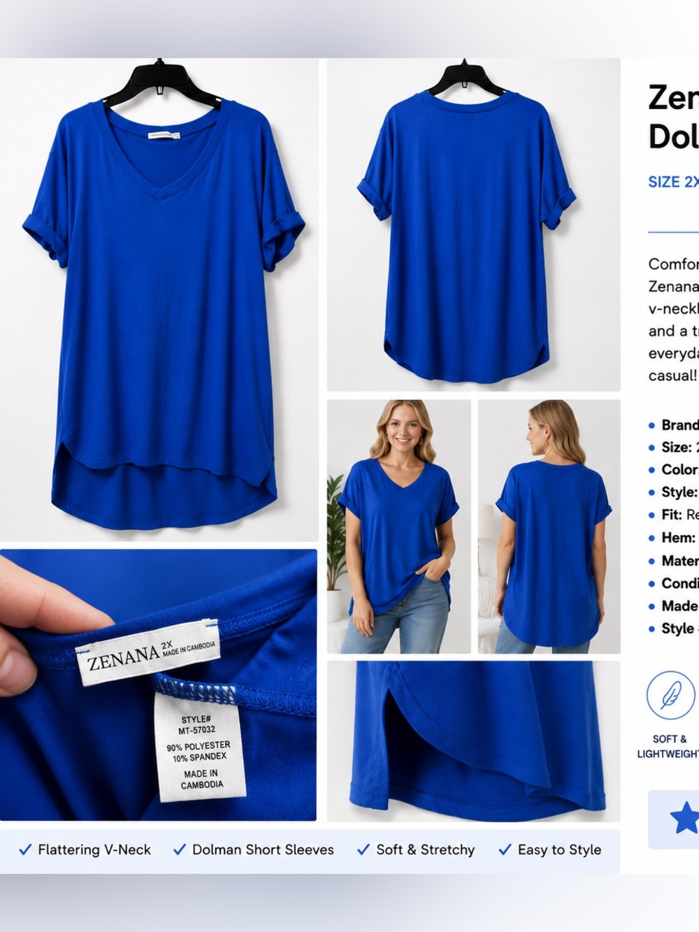 Zenana Outfitters Royal Blue V-Neck Dolman Tunic Tee - Picture 4 of 4